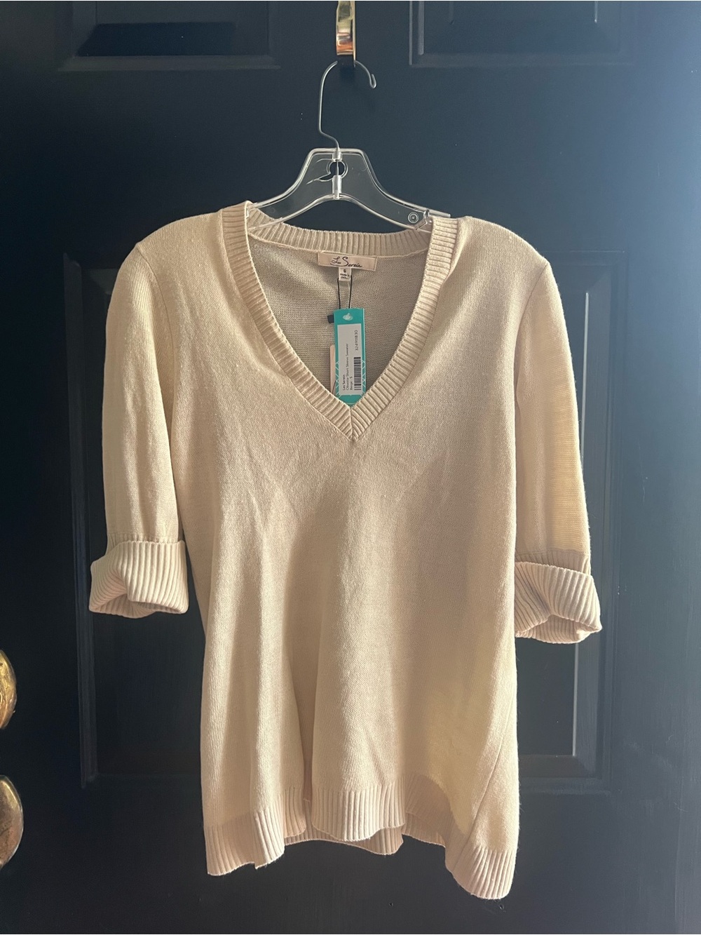 Cream V-Neck Short Sleeve Sweater - Lightweight Knit